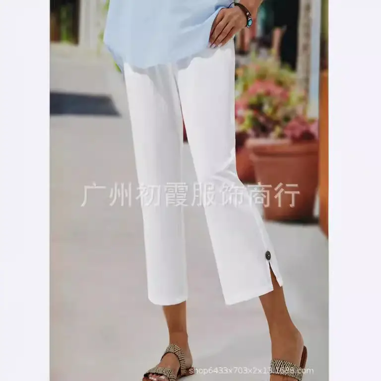 Women Cross-Border Cotton Linen Cropped Pants White Elastic Waist - Image 11