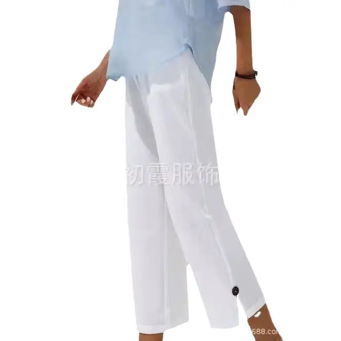 Women Cross-Border Cotton Linen Cropped Pants White Elastic Waist - Image 12