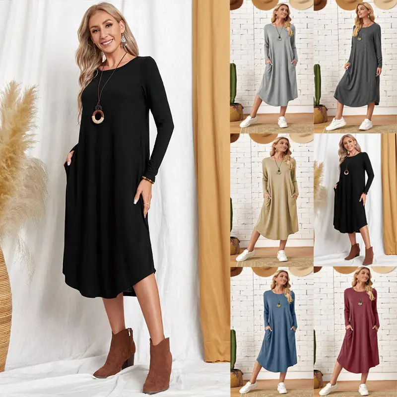 Women's Grey Long Sleeve Casual Dress with Curved Hem
