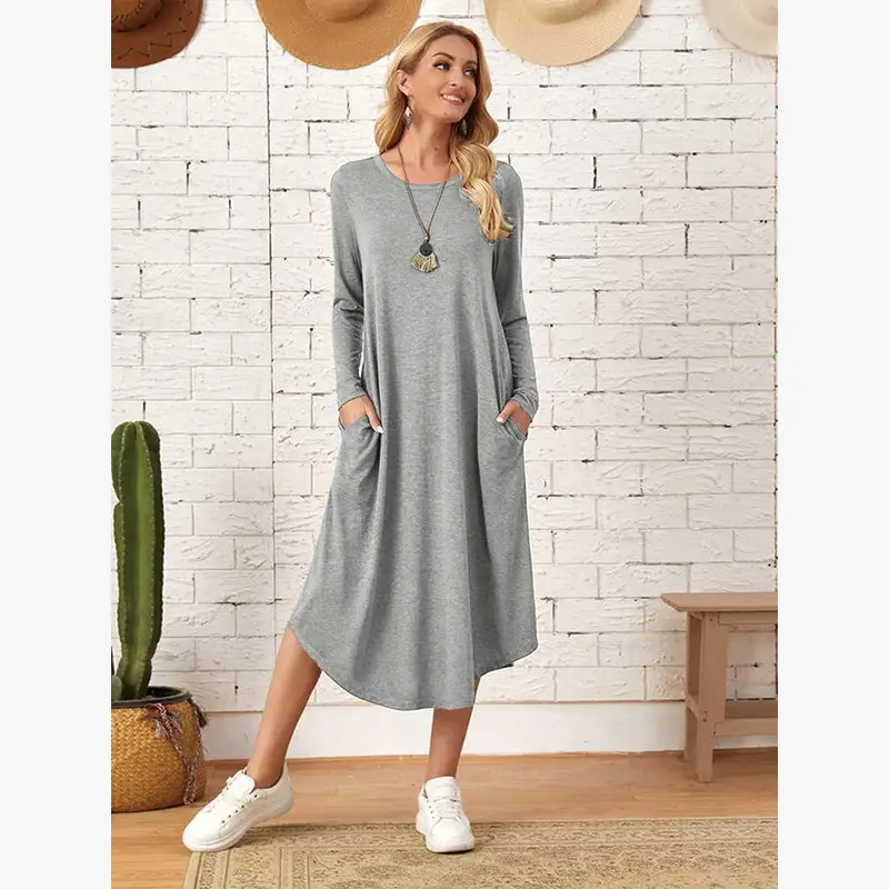 Women's Grey Long Sleeve Casual Dress with Curved Hem