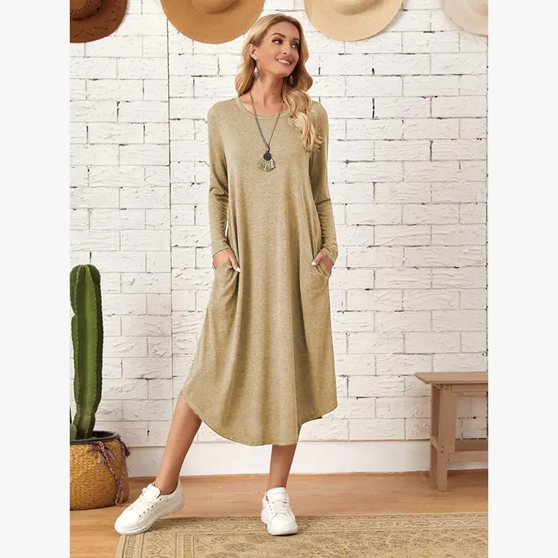 Women's Grey Long Sleeve Casual Dress with Curved Hem