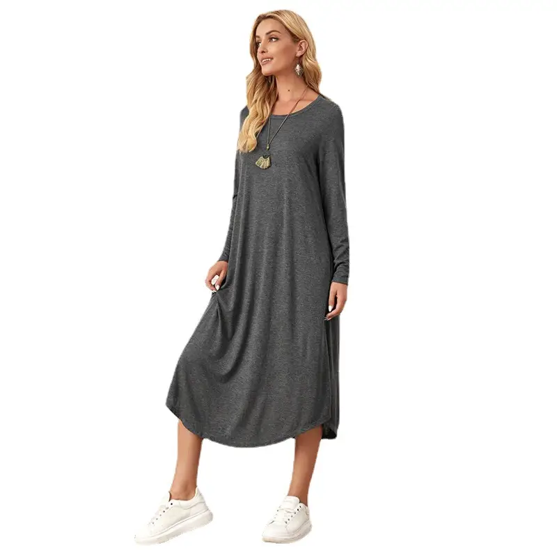Women's Grey Long Sleeve Casual Dress with Curved Hem