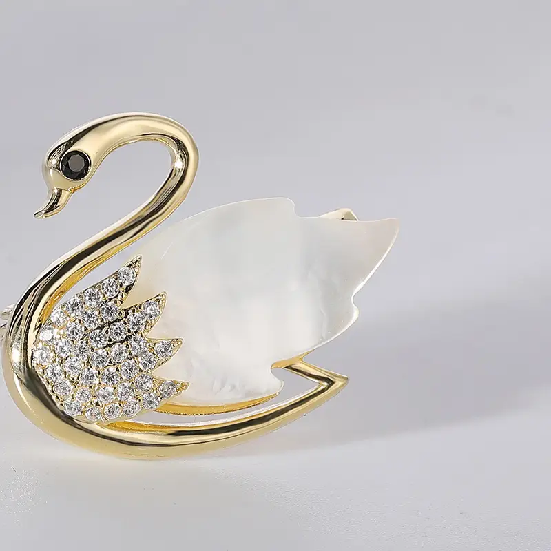 Swan Brooch with Seawater Shell & Crystal Accents - Image 5