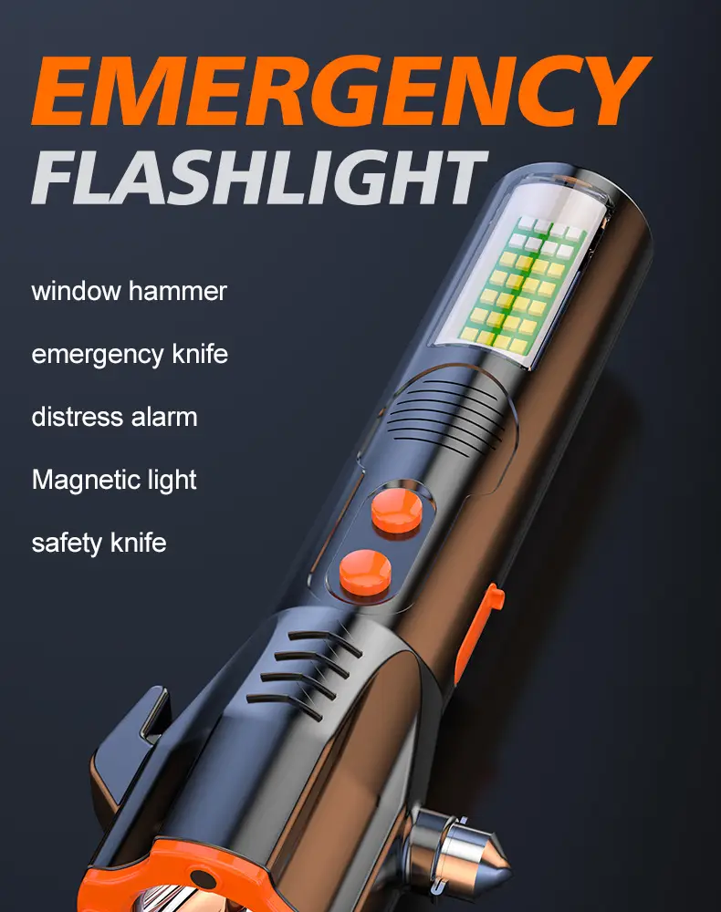 Tungsten Hammer Flashlight for Car Windows & Fire Rescue — feature 1