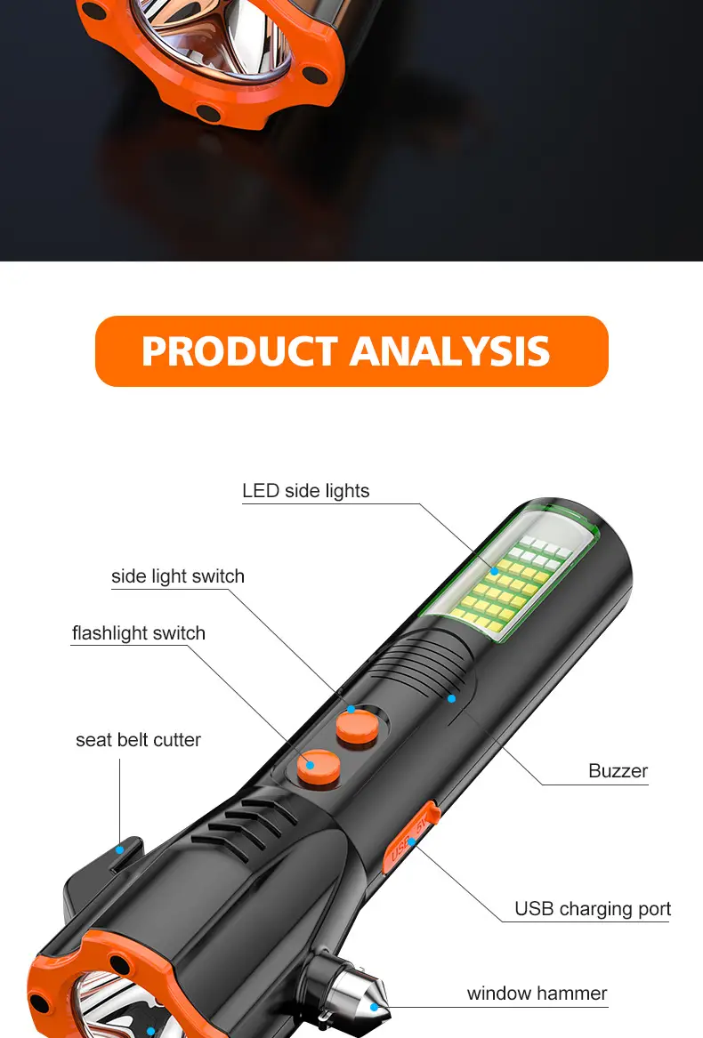 Tungsten Hammer Flashlight for Car Windows & Fire Rescue — feature 2