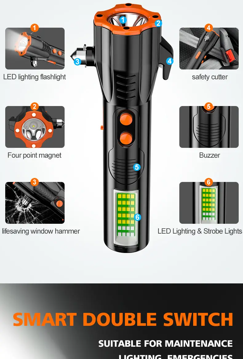 Tungsten Hammer Flashlight for Car Windows & Fire Rescue — feature 5