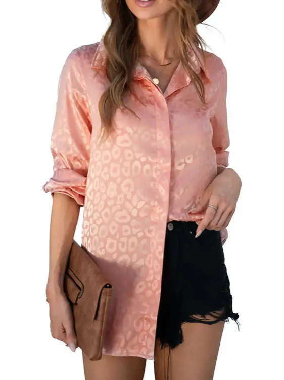 European Women's Leopard Print Satin Shirt Long Sleeve