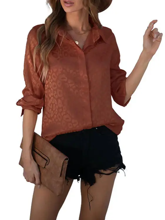 European Women's Leopard Print Satin Shirt Long Sleeve