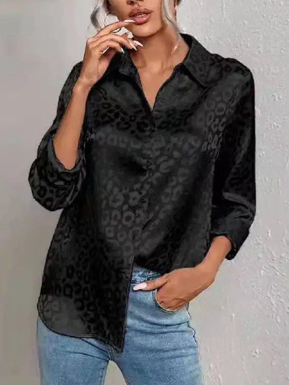 European Women's Leopard Print Satin Shirt Long Sleeve