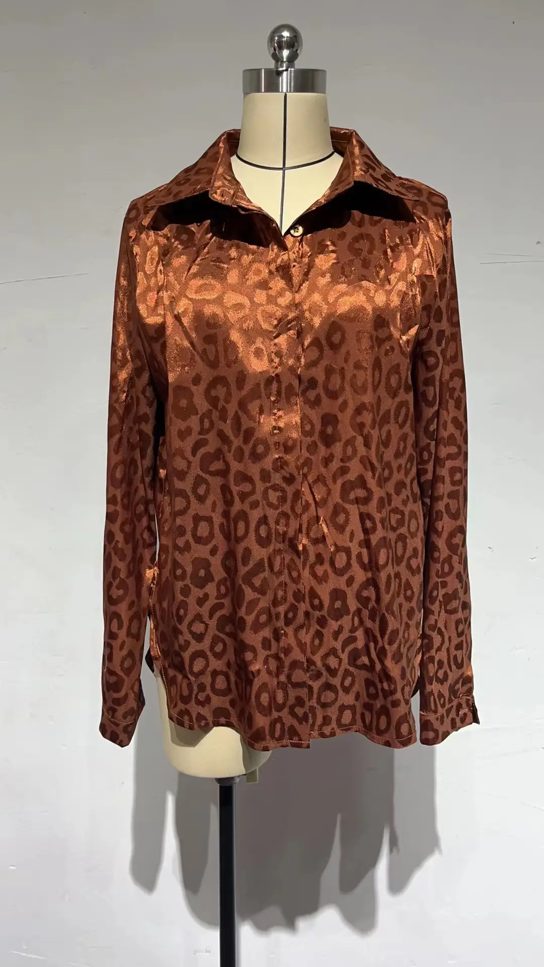 European Women's Leopard Print Satin Shirt Long Sleeve — feature 12