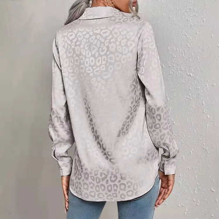 European Women's Leopard Print Satin Shirt Long Sleeve