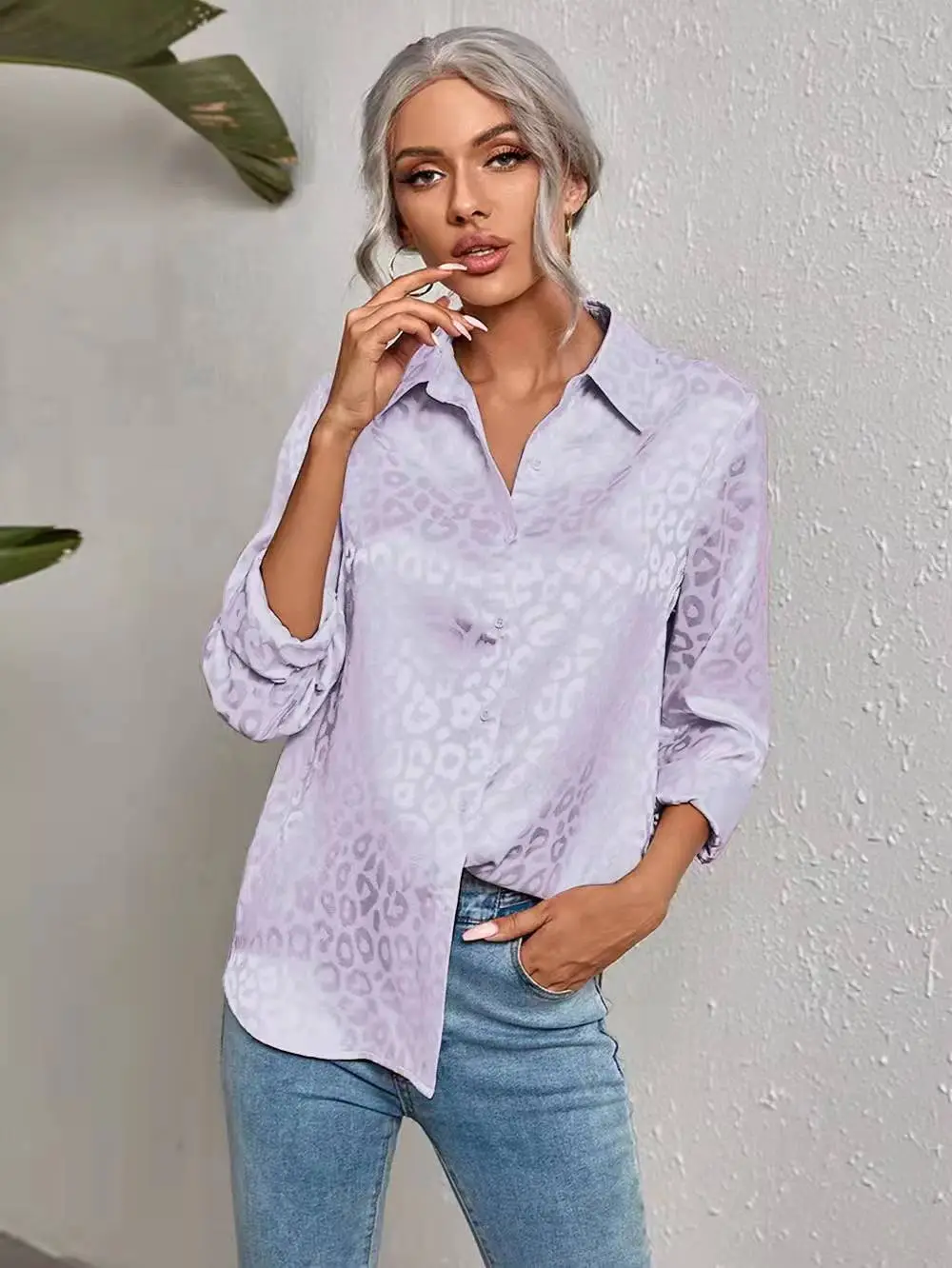 European Women's Leopard Print Satin Shirt Long Sleeve