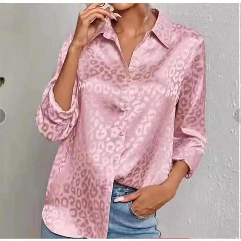 European Women's Leopard Print Satin Shirt Long Sleeve