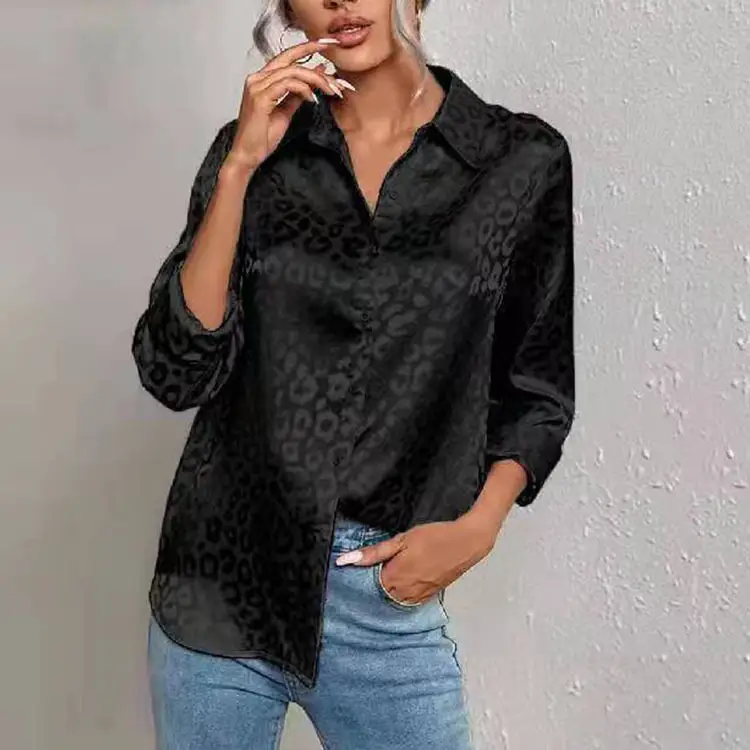 European Women's Leopard Print Satin Shirt Long Sleeve