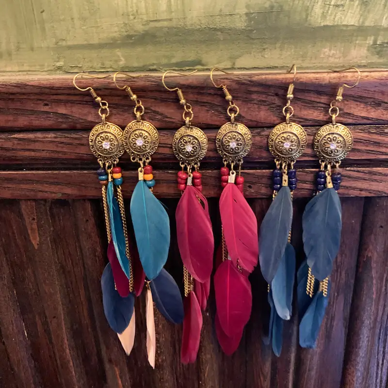 Bohemian Feather Earrings Red Blue Pink Travel Tassel Design - Image 10
