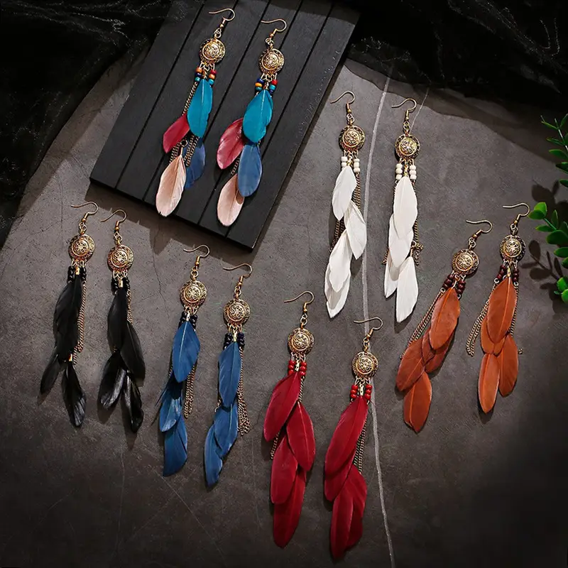 Bohemian Feather Earrings Red Blue Pink Travel Tassel Design - Image 11