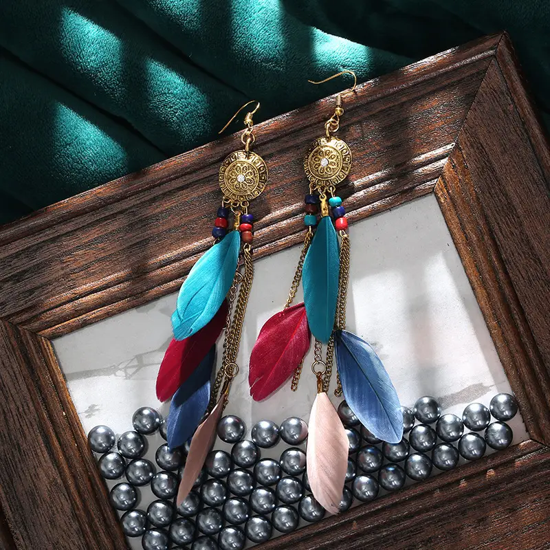 Bohemian Feather Earrings Red Blue Pink Travel Tassel Design - Image 12