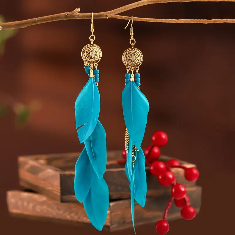 Bohemian Feather Earrings Red Blue Pink Travel Tassel Design - Image 2