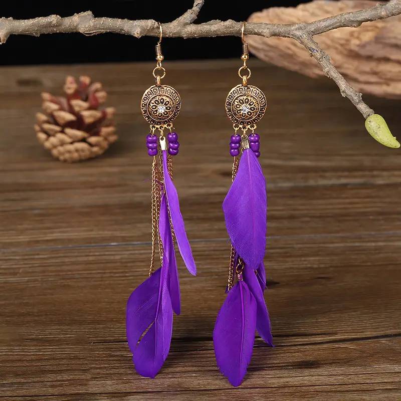 Bohemian Feather Earrings Red Blue Pink Travel Tassel Design - Image 6
