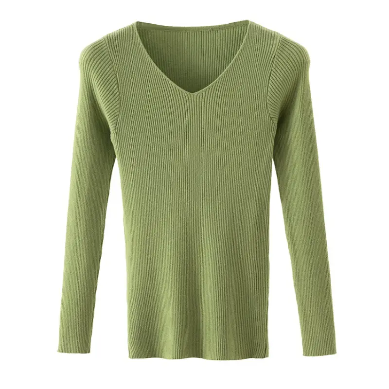 Women V-neck Knitted Sweater Green Long Sleeve - Image 5