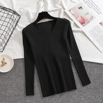 Women V-neck Knitted Sweater Green Long Sleeve — feature 1