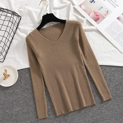 Women V-neck Knitted Sweater Green Long Sleeve — feature 2