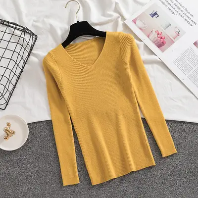 Women V-neck Knitted Sweater Green Long Sleeve — feature 3
