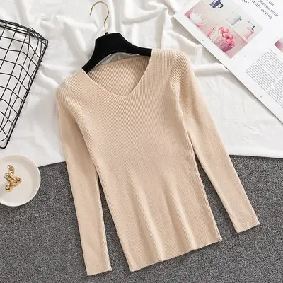Women V-neck Knitted Sweater Green Long Sleeve — feature 4