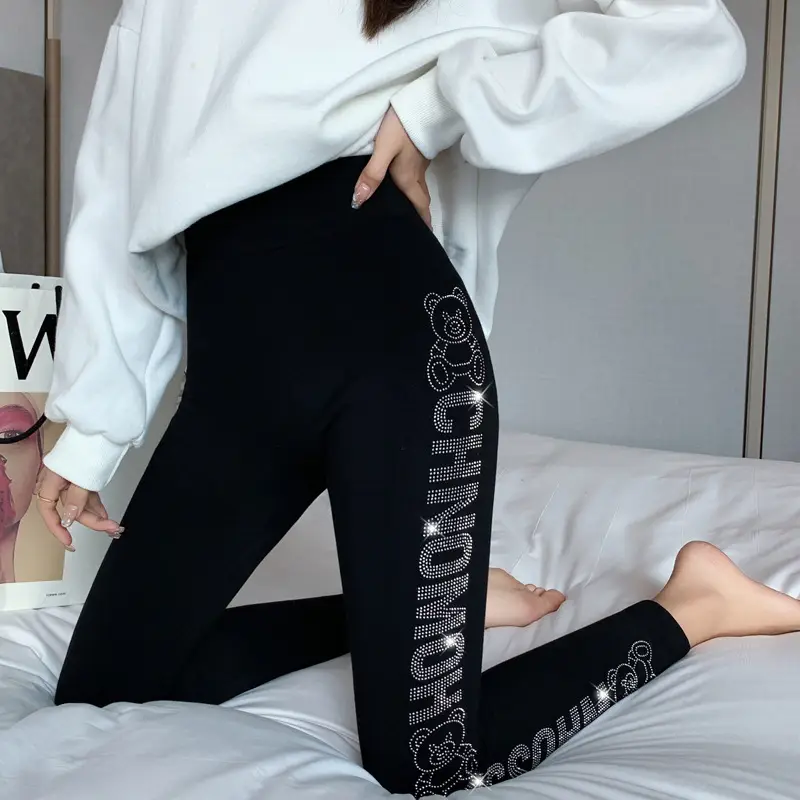 Women Slim Leggings with Rhinestone Bear Design
