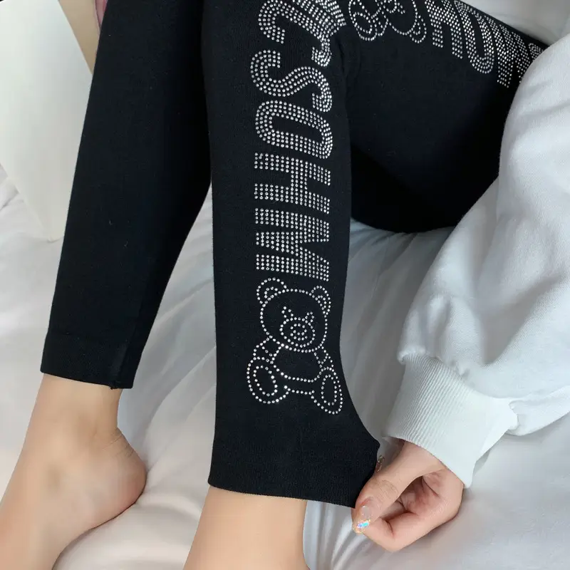 Women Slim Leggings with Rhinestone Bear Design