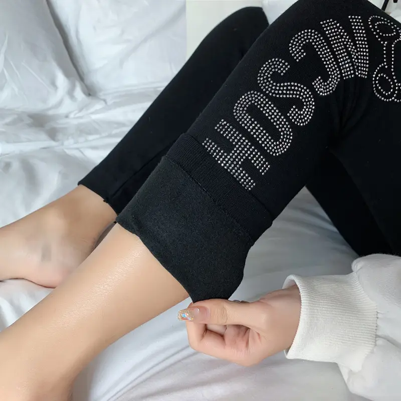 Women Slim Leggings with Rhinestone Bear Design