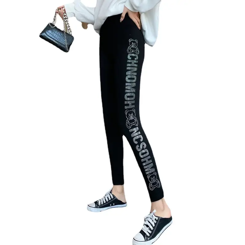 Women Slim Leggings with Rhinestone Bear Design