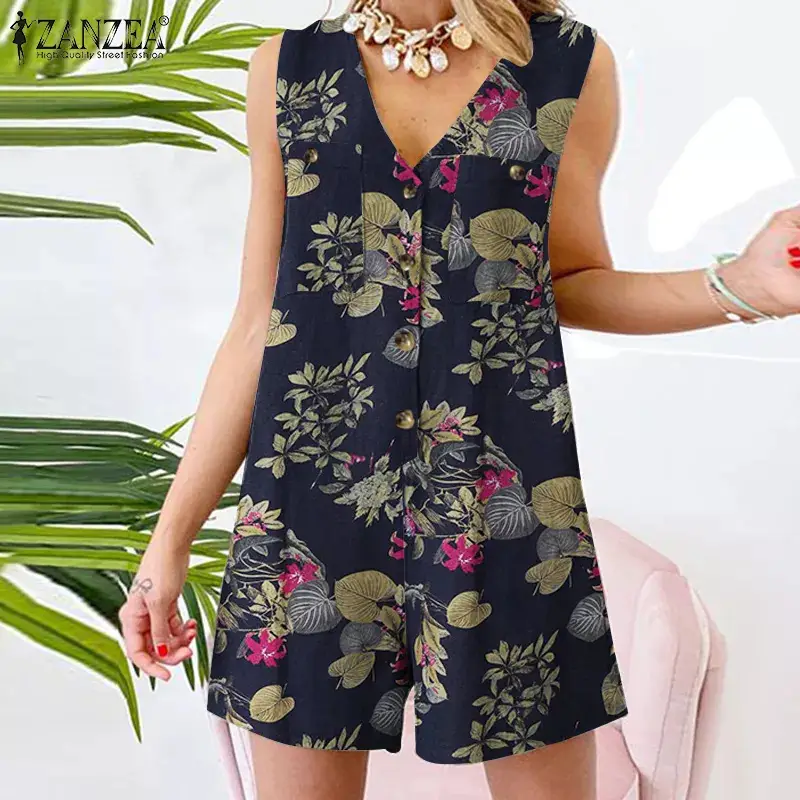 Muslim Women's Floral Jumpsuit Vest Shorts Set