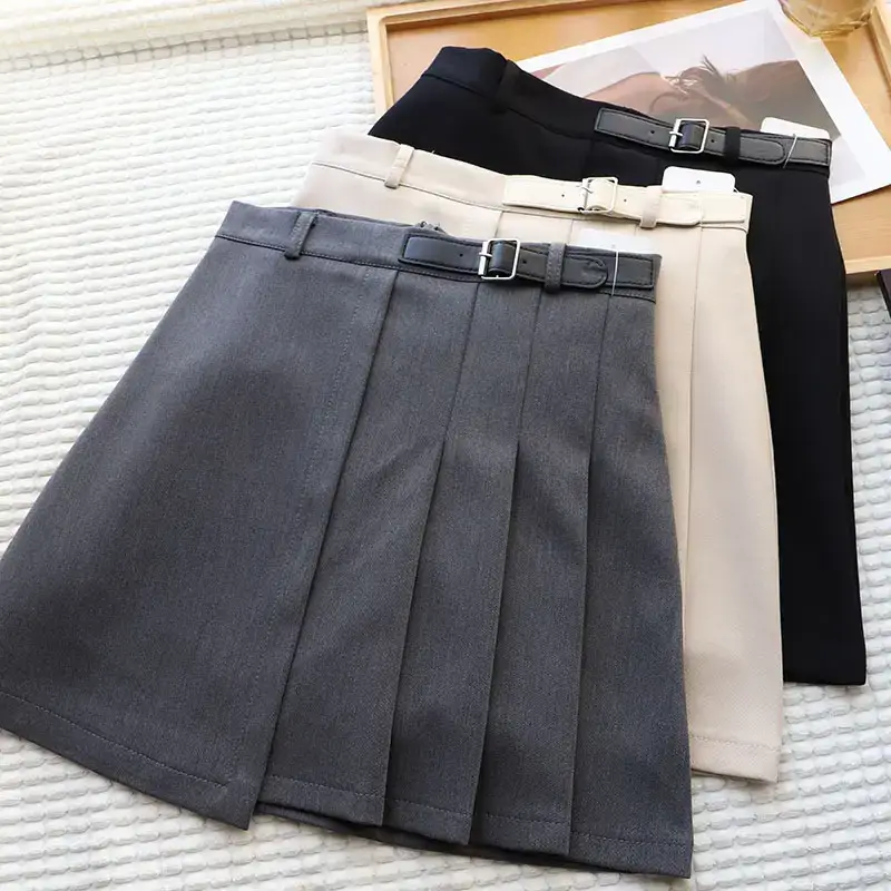 Korean Women's Pleated Belt Skirt Suit White 7114 - Image 5