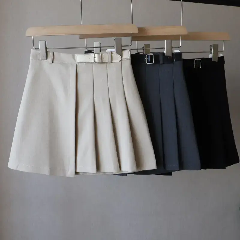 Korean Women's Pleated Belt Skirt Suit White 7114 - Image 6