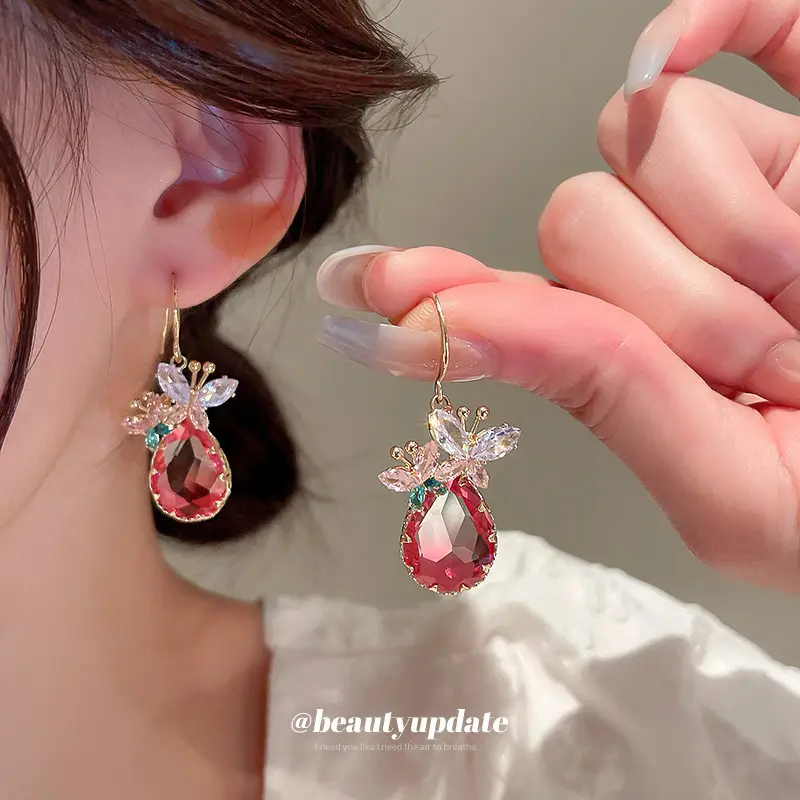 Pink Zircon Butterfly Earrings for Women