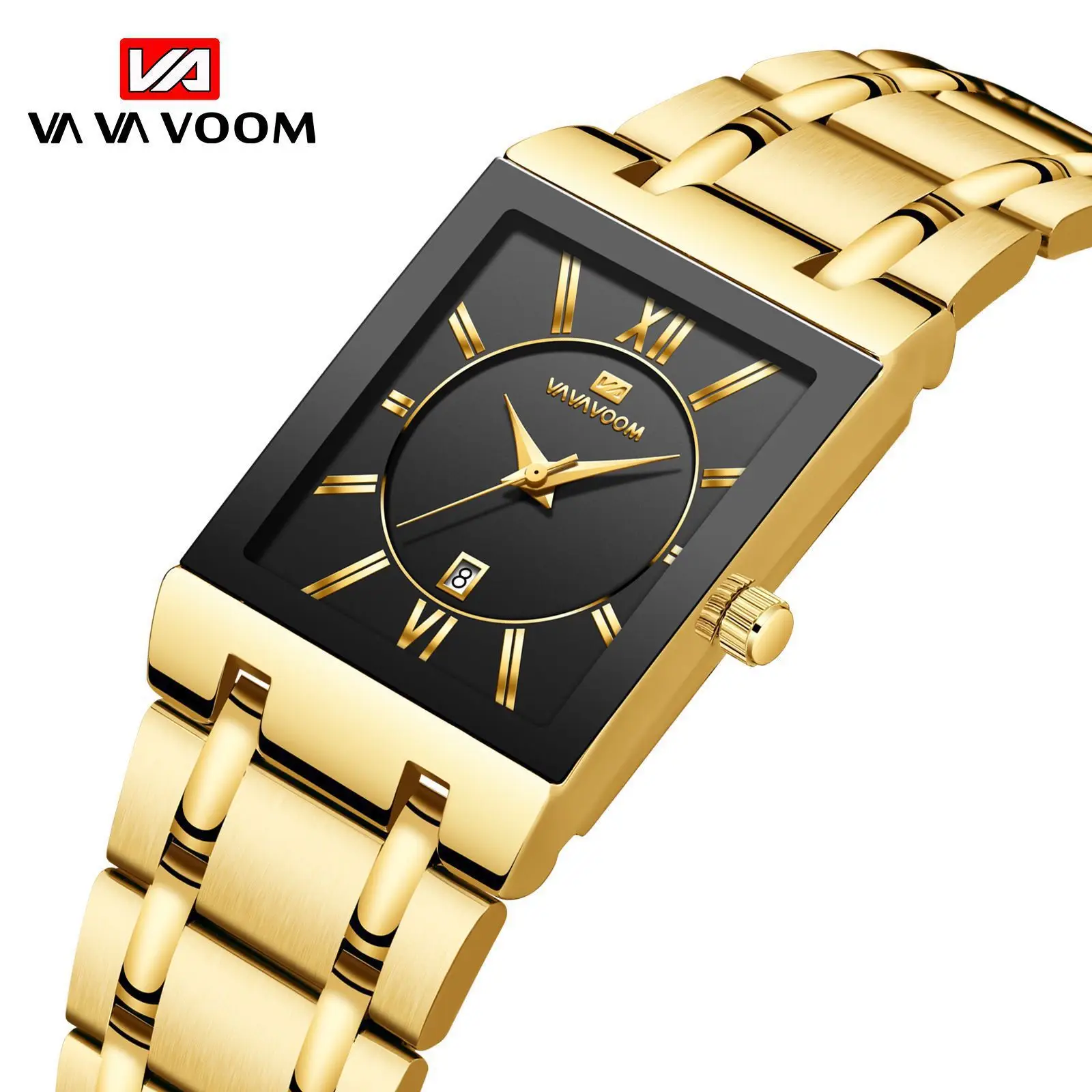 Men's Square Watch Gold Black Steel Band Waterproof - Image 6