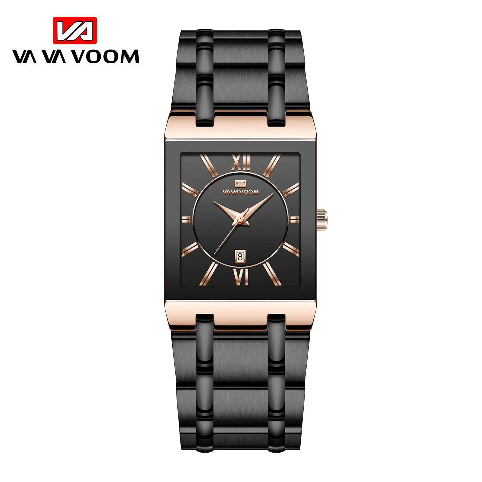 Men's Square Watch Gold Black Steel Band Waterproof - Image 2