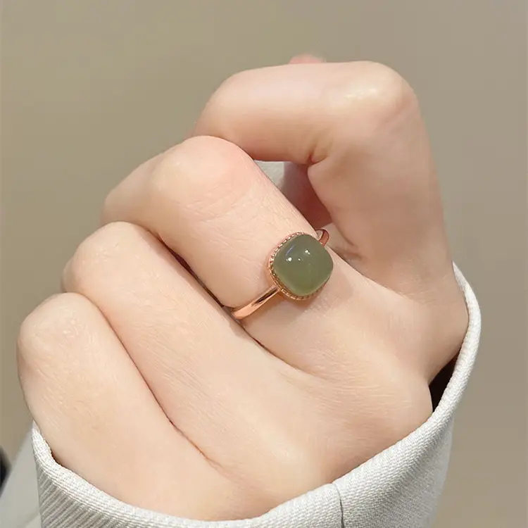 Women Hetian Jade Square Ring with Crystal Border - Image 7