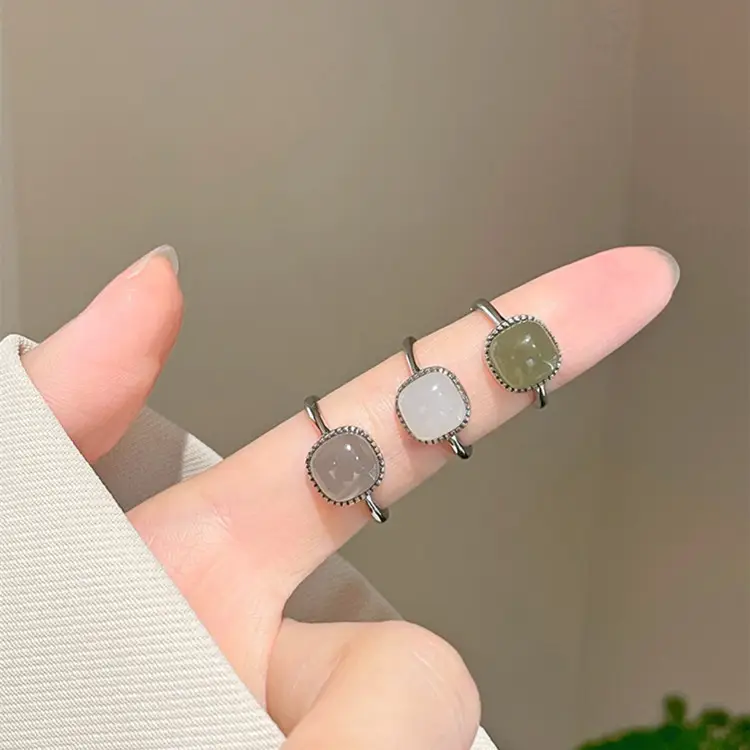 Women Hetian Jade Square Ring with Crystal Border - Image 4