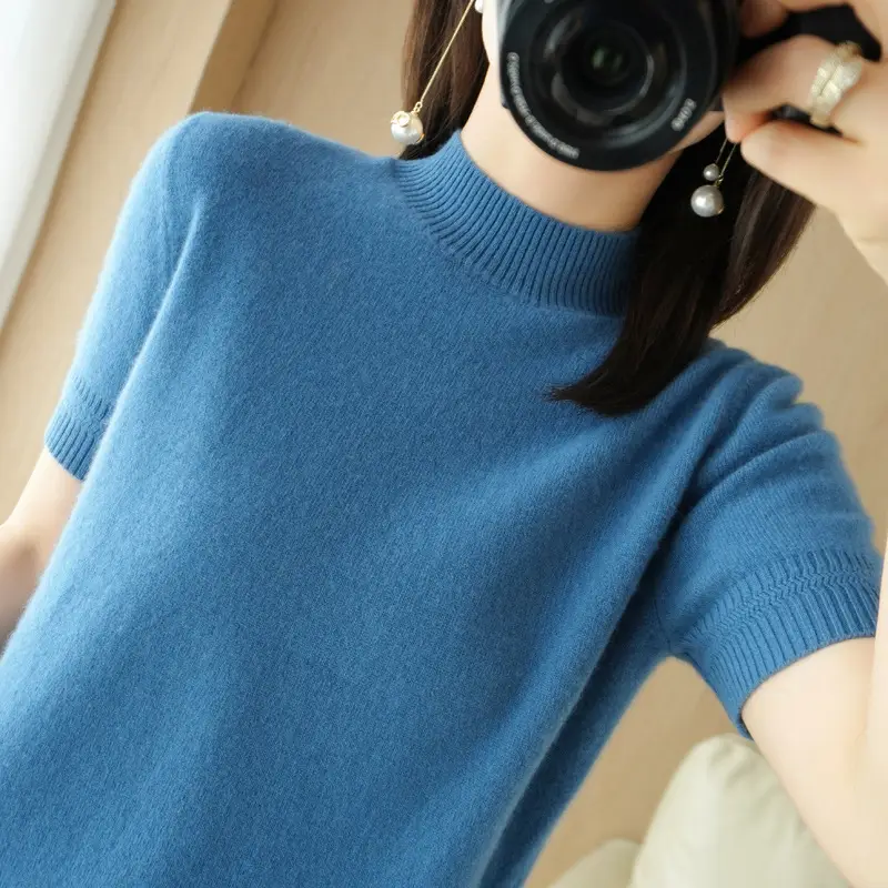 Women Knitted Half-High Collar Pullover Purple - Image 14