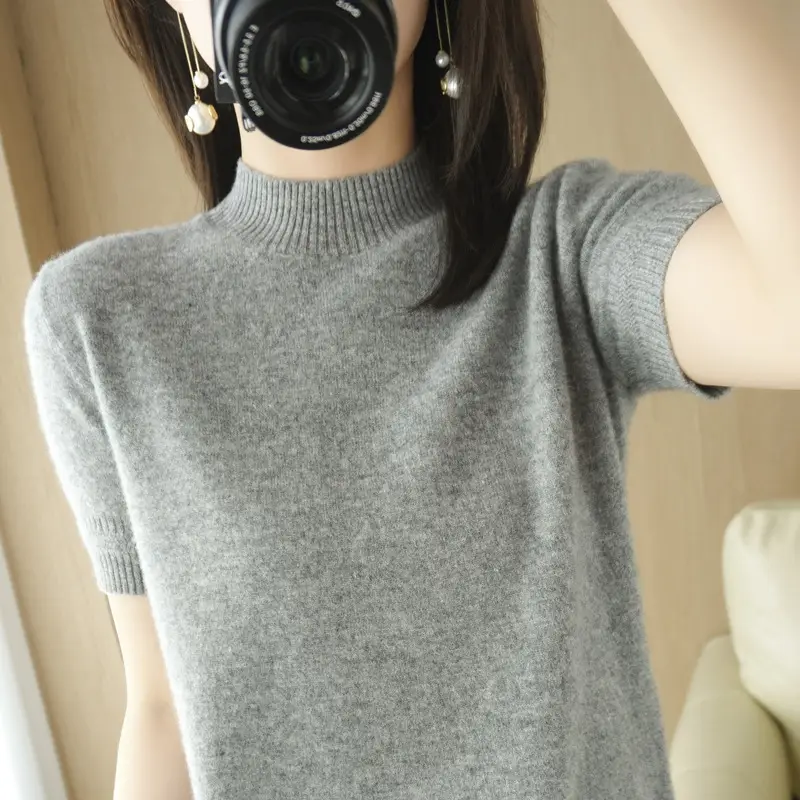 Women Knitted Half-High Collar Pullover Purple - Image 2