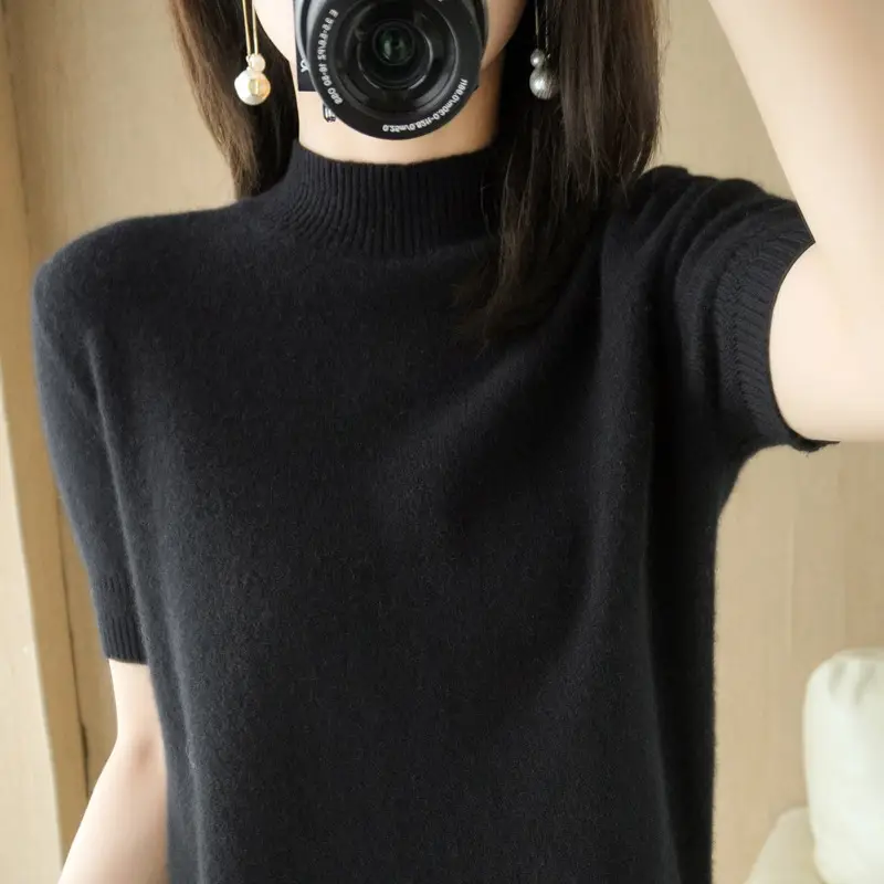 Women Knitted Half-High Collar Pullover Purple - Image 3