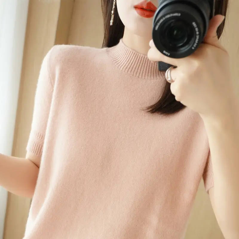 Women Knitted Half-High Collar Pullover Purple - Image 7