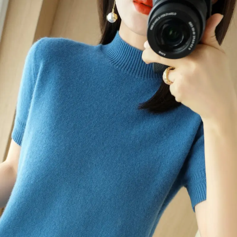 Women Knitted Half-High Collar Pullover Purple - Image 8