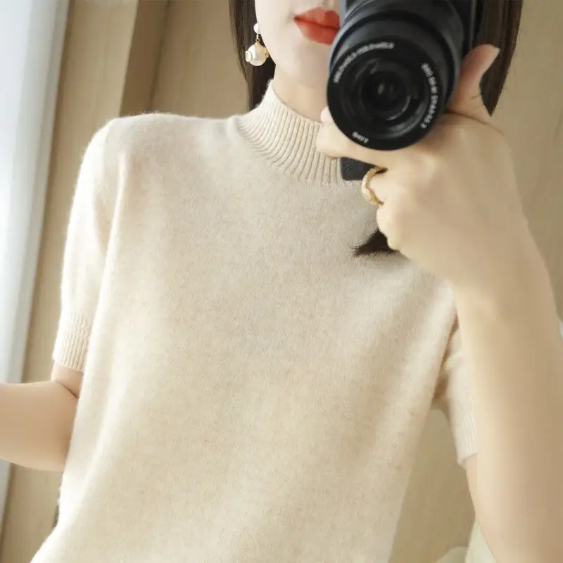 Women Knitted Half-High Collar Pullover Purple - Image 9