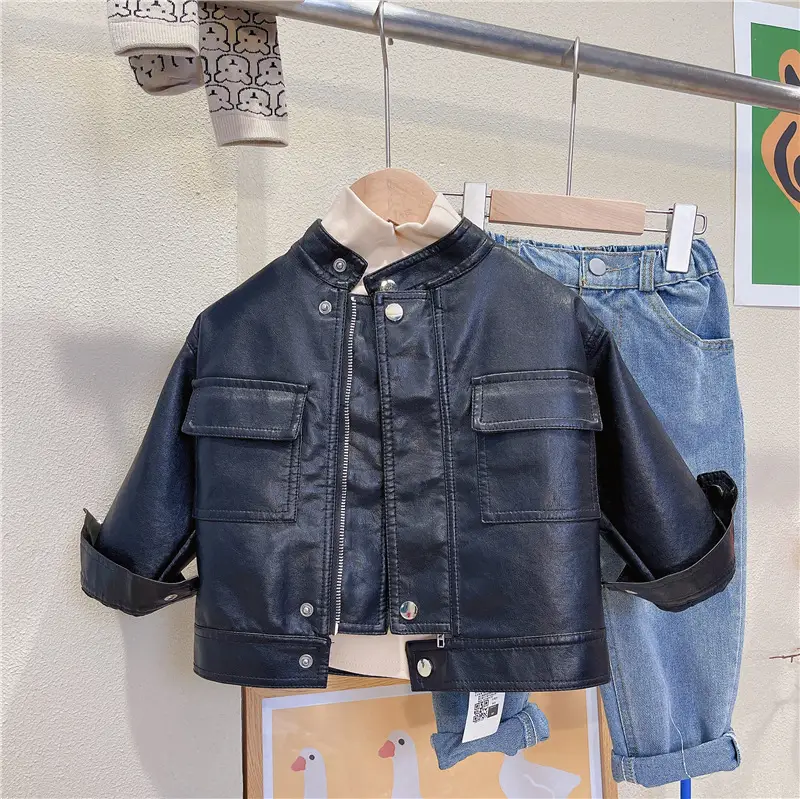 Boys Leather Jacket Black Spring Autumn Korean Style