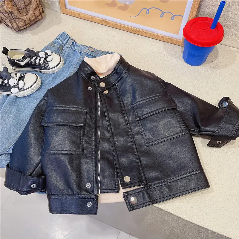 Boys Leather Jacket Black Spring Autumn Korean Style