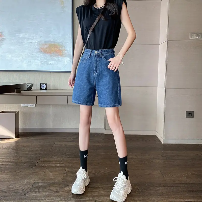 Women Denim Shorts Blue High Waist Slimming 2022 - Image 4