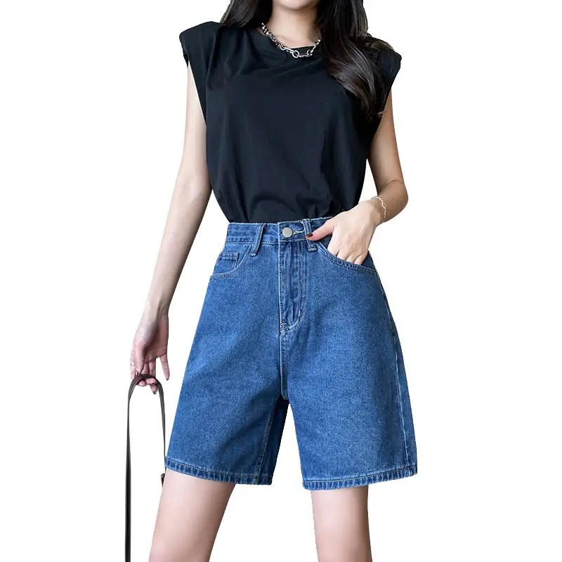 Women Denim Shorts Blue High Waist Slimming 2022 - Image 6